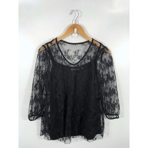 NY & Company Womens Blouse S Black Sheer Lace Whimsigoth Dark Fairy Grunge Goth